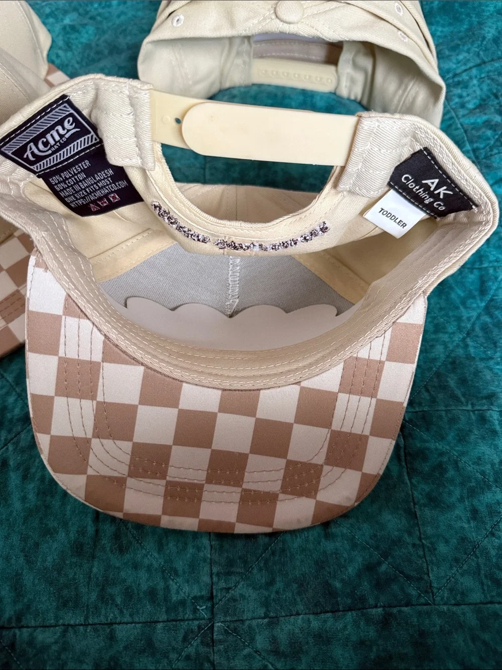 ACME Cream Checkerboard Brim Kids Snapback Hat with Brown Smiley Patch